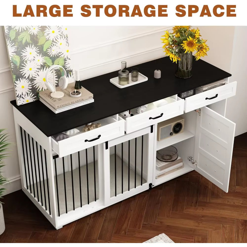 Extra Large Funiture Style Dog Crate with Drawers & Shelves, 67" Luxury Wooden Heavy Duty Single Room Dog Kennel Furniture W/Sli