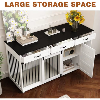 Extra Large Funiture Style Dog Crate with Drawers & Shelves, 67" Luxury Wooden Heavy Duty Single Room Dog Kennel Furniture W/Sli