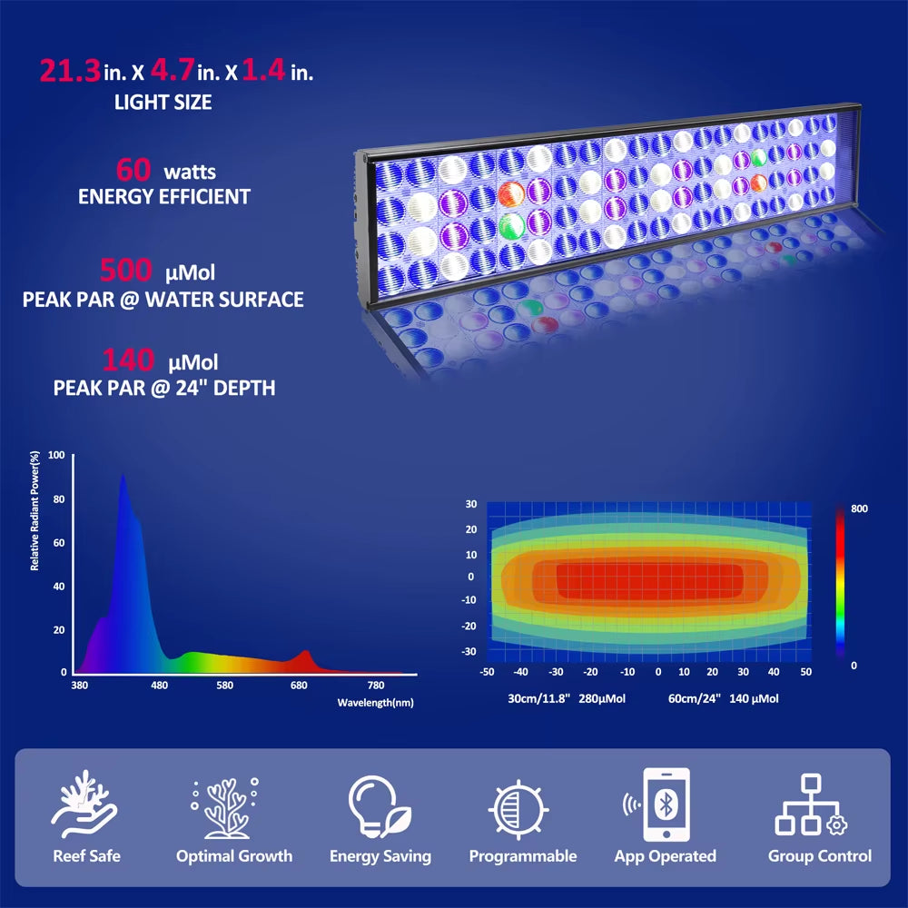 60CM -Wifi Marine Aquarium Light, Full Spectrum LED Aquarium Lamp Timer for 55-70Cm 24" Coral Reef SPS/LPS Fish Tank