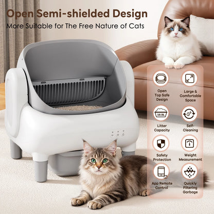 Self Cleaning Litter Box,Open Top Automatic Litter Box with App Control for Multiple Cats, Safety Sensors Protection,Large Waste Bin