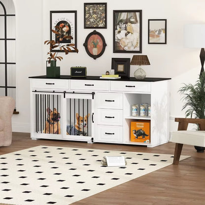Extra Large Funiture Style Dog Crate with Drawers & Shelves, 67" Luxury Wooden Heavy Duty Single Room Dog Kennel Furniture W/Sli