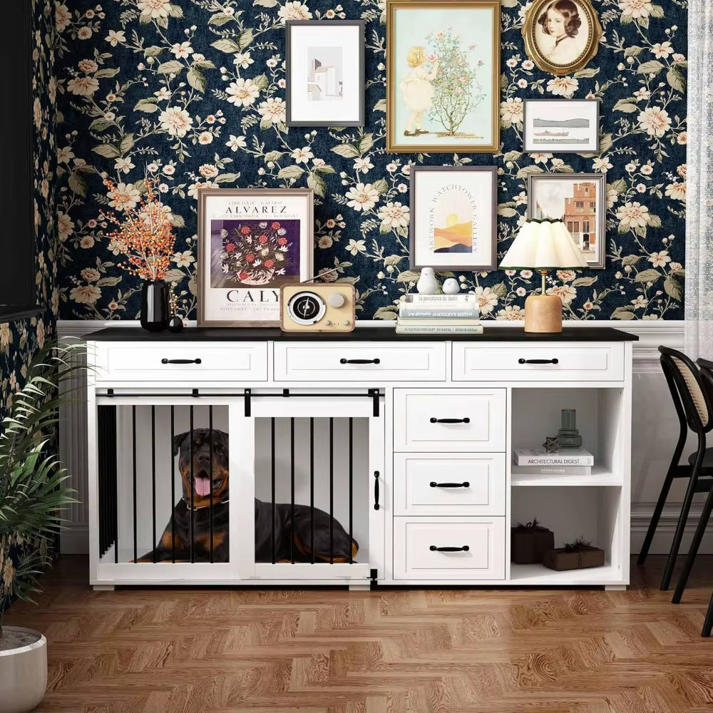 Extra Large Funiture Style Dog Crate with Drawers & Shelves, 67" Luxury Wooden Heavy Duty Single Room Dog Kennel Furniture W/Sli