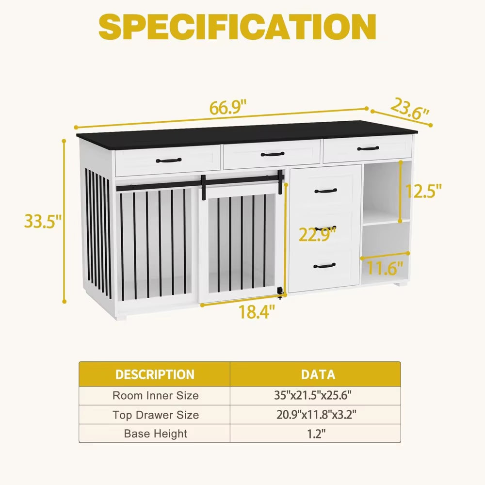 Extra Large Funiture Style Dog Crate with Drawers & Shelves, 67" Luxury Wooden Heavy Duty Single Room Dog Kennel Furniture W/Sli