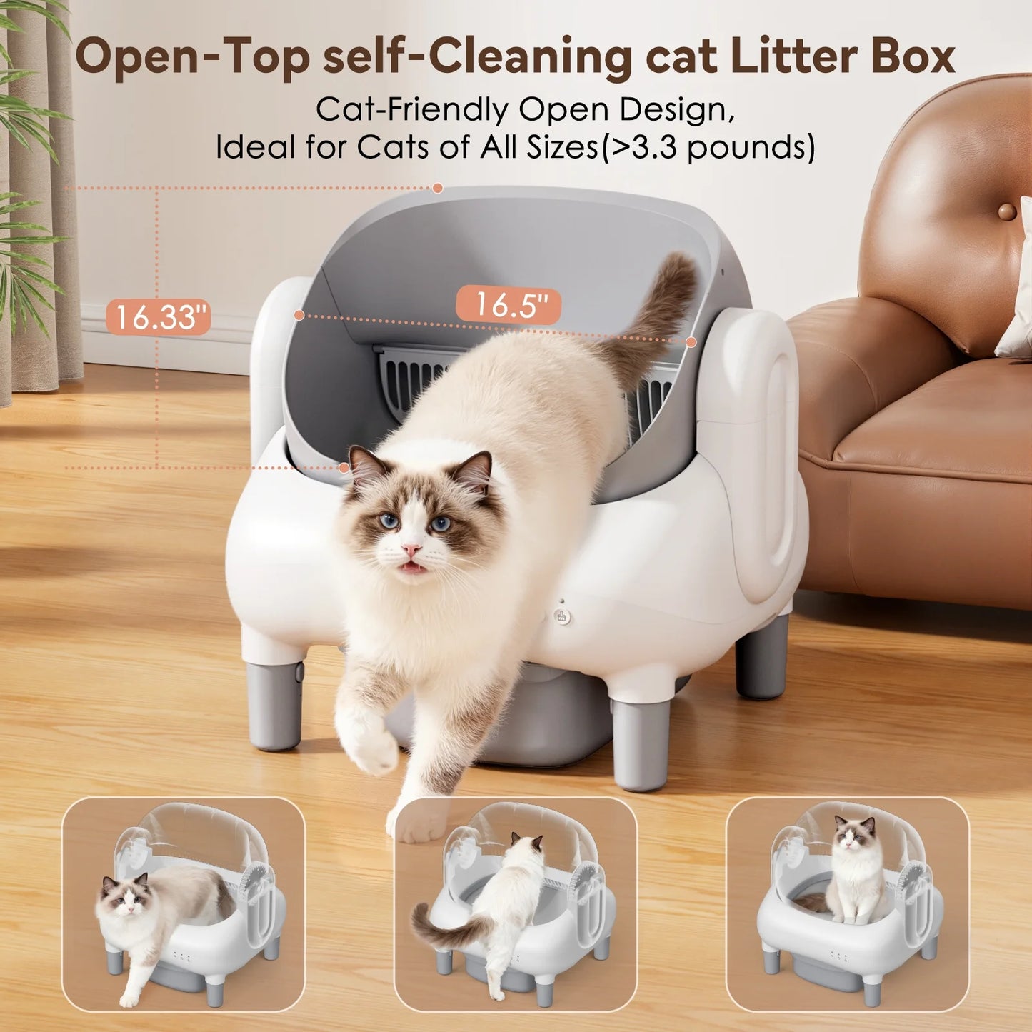 Self Cleaning Litter Box,Open Top Automatic Litter Box with App Control for Multiple Cats, Safety Sensors Protection,Large Waste Bin