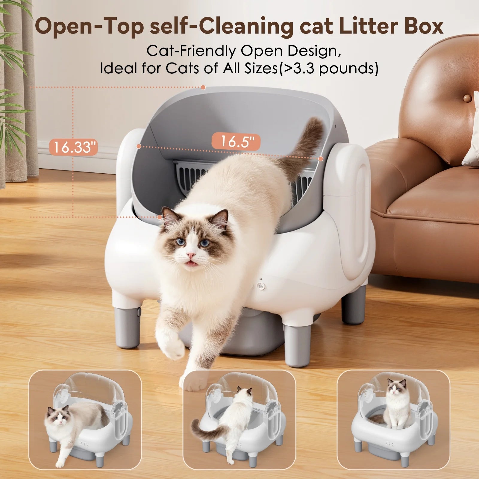 Self Cleaning Litter Box,Open Top Automatic Litter Box with App Control for Multiple Cats, Safety Sensors Protection,Large Waste Bin